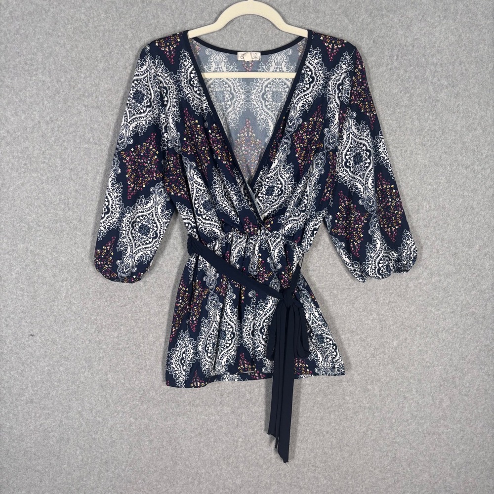 Emi Joe Babydoll Top Large Navy Stretch Paisley Floral Wrap Tie Cottage Boho‎